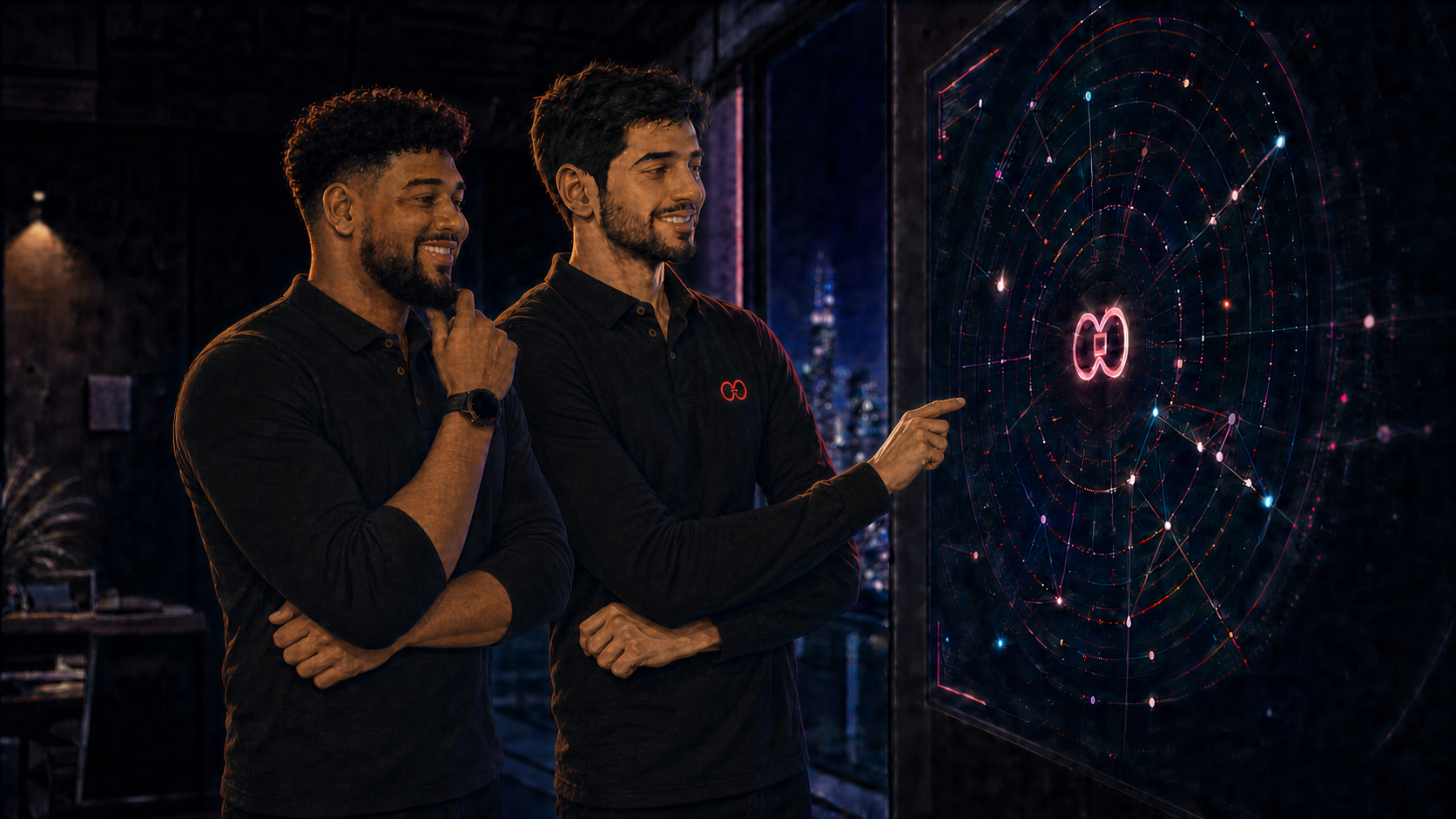 Dylan et Grégoire imaginant Alley Ops devant une cartographie de connexions